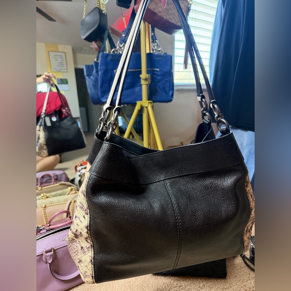 Coach Black Pebbled Leather Snake Trim Tote F57505 Shoulder Bag Python Accent 🖤🐍 - Picture 16 of 17
